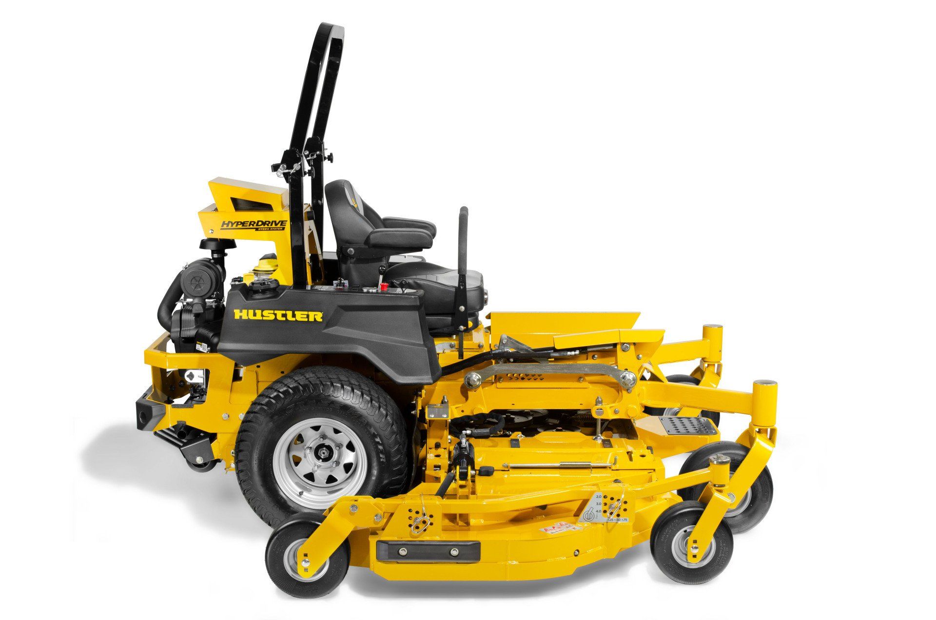 Yellow and black Hustler zero-turn lawn mower on a white background.