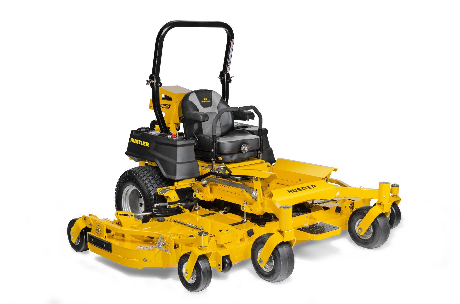 Yellow and black zero-turn lawnmower on a white background.
