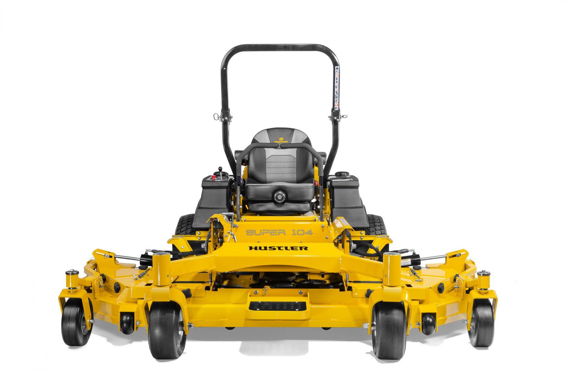 Yellow zero-turn lawn mower on a white background, front view.