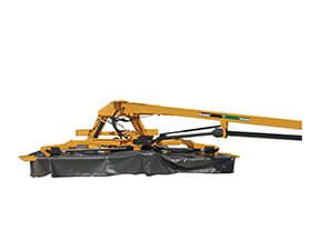 Yellow and black agricultural mower with an extended arm, for cutting grass.