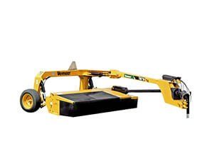 Yellow Vermeer flail mower with an articulating arm, on a white background.