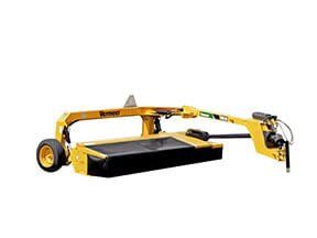 Yellow agricultural mower with extended arm, set against a white background.