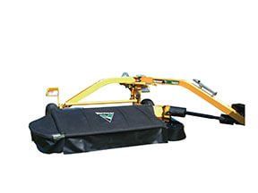 Yellow and black mower, attached to a tractor arm, designed for cutting grass or hay.