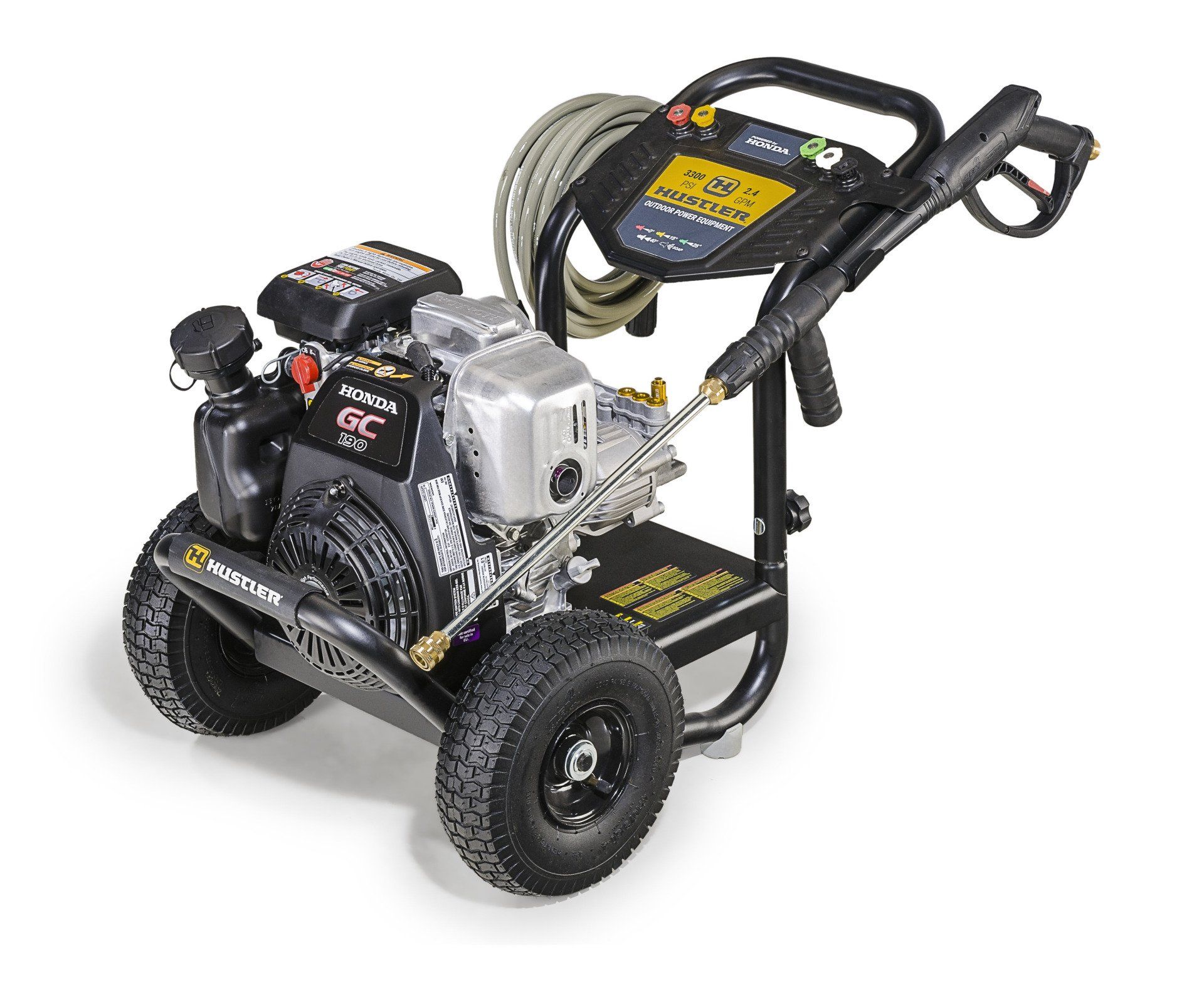 Gas-powered pressure washer with black frame, wheels, and a gray hose. The unit is black and silver.