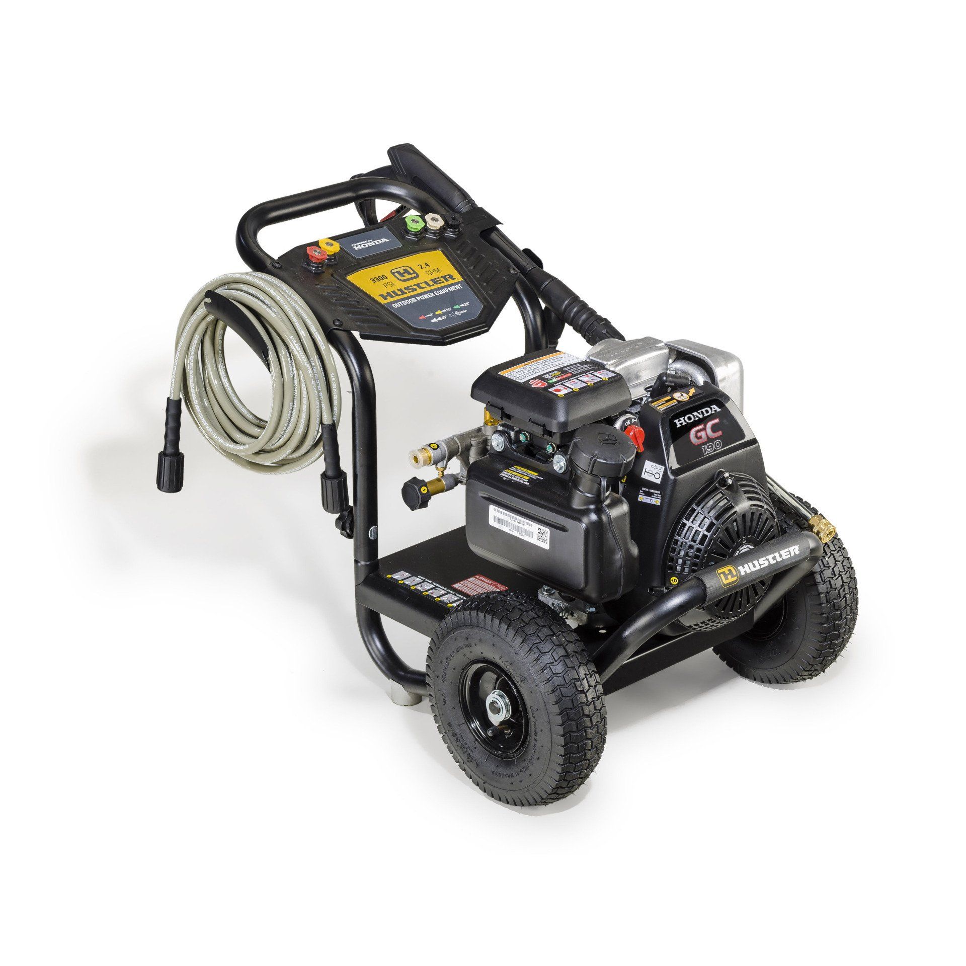 Black and gray gas-powered pressure washer on wheels with hose and control panel.