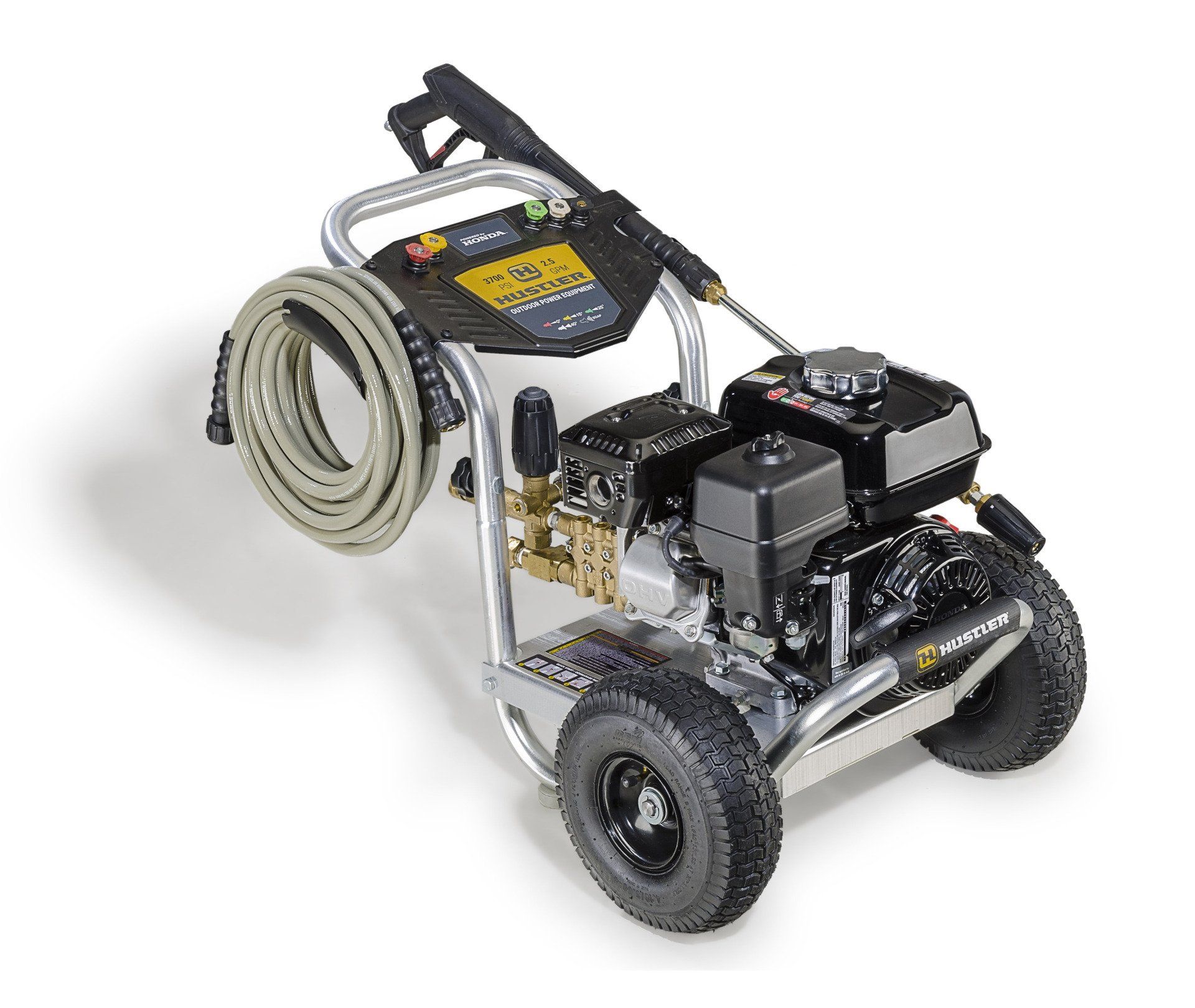 Gas-powered pressure washer with black engine and silver frame, coiled hose, on black wheels.