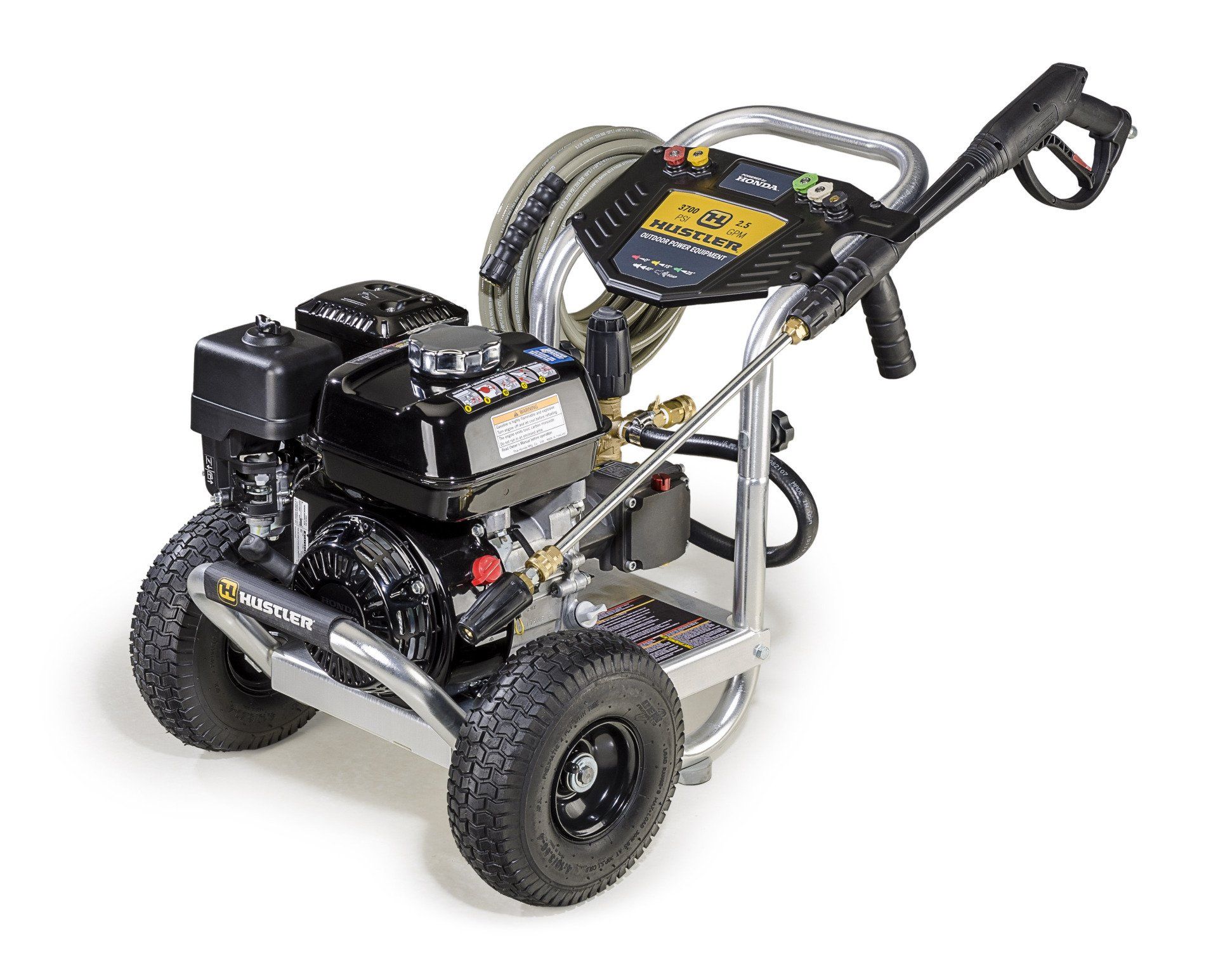 Gas-powered pressure washer with black engine and frame. Mounted on wheels, with a hose and spray wand.