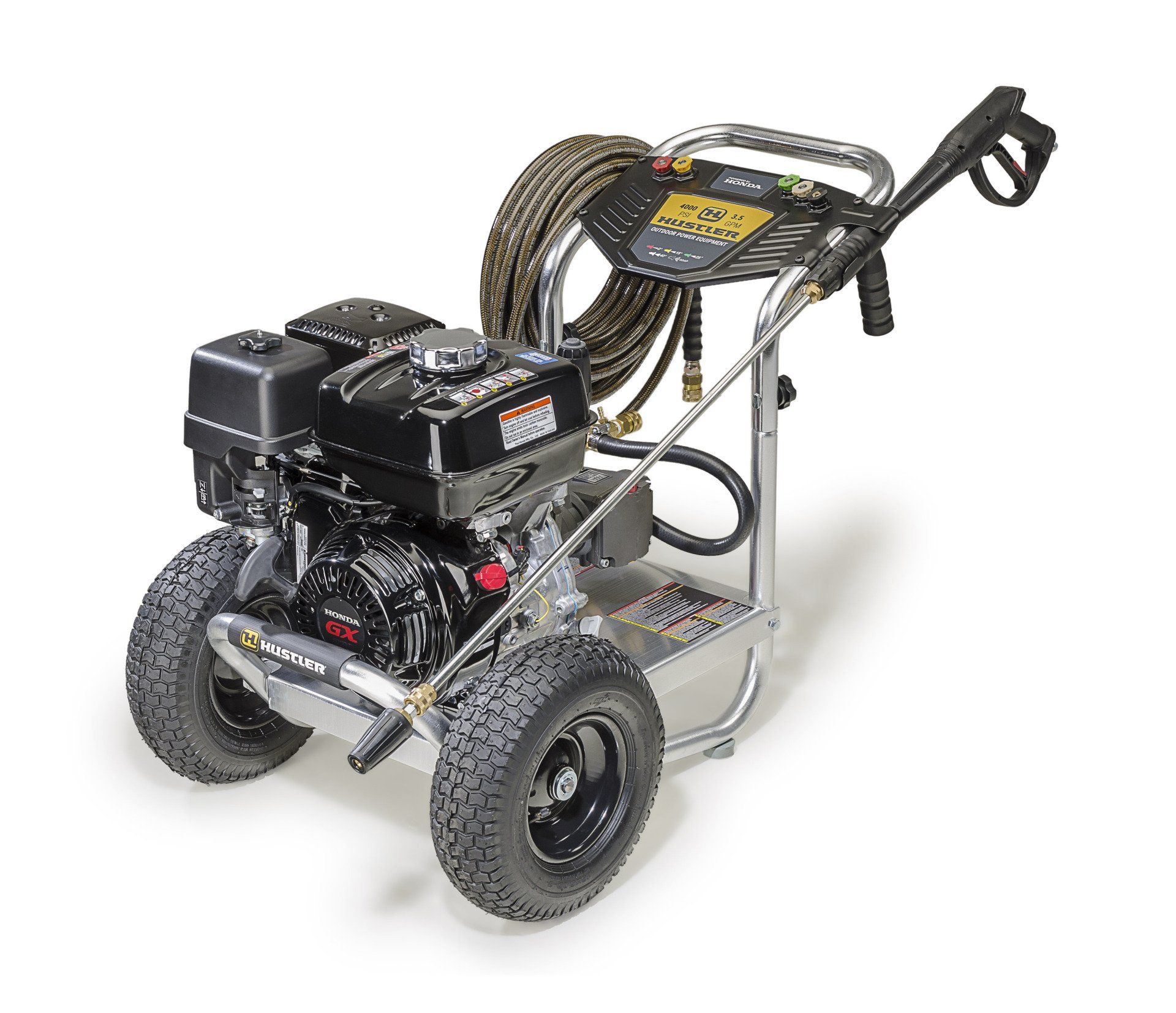 Gas-powered pressure washer with black engine, silver frame, and dark wheels, hose coiled above.