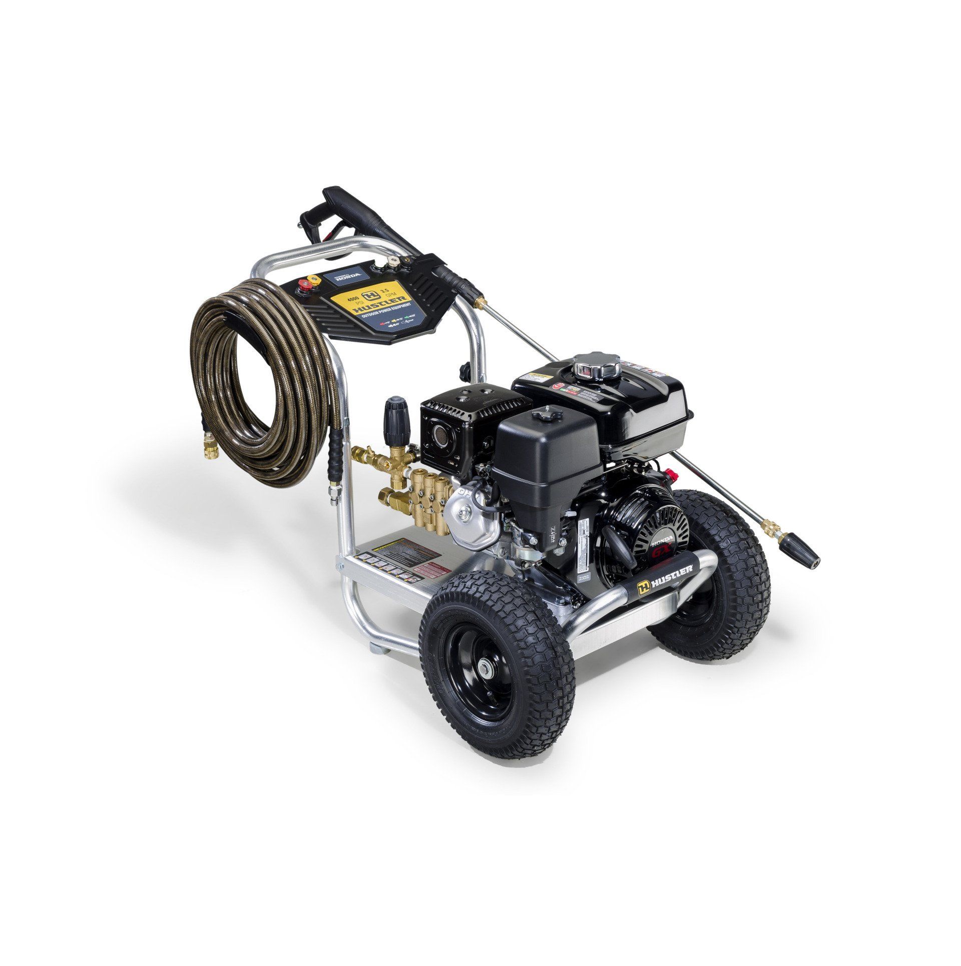 Pressure washer on wheels, metal frame, black engine, coiled hose, spray nozzle.