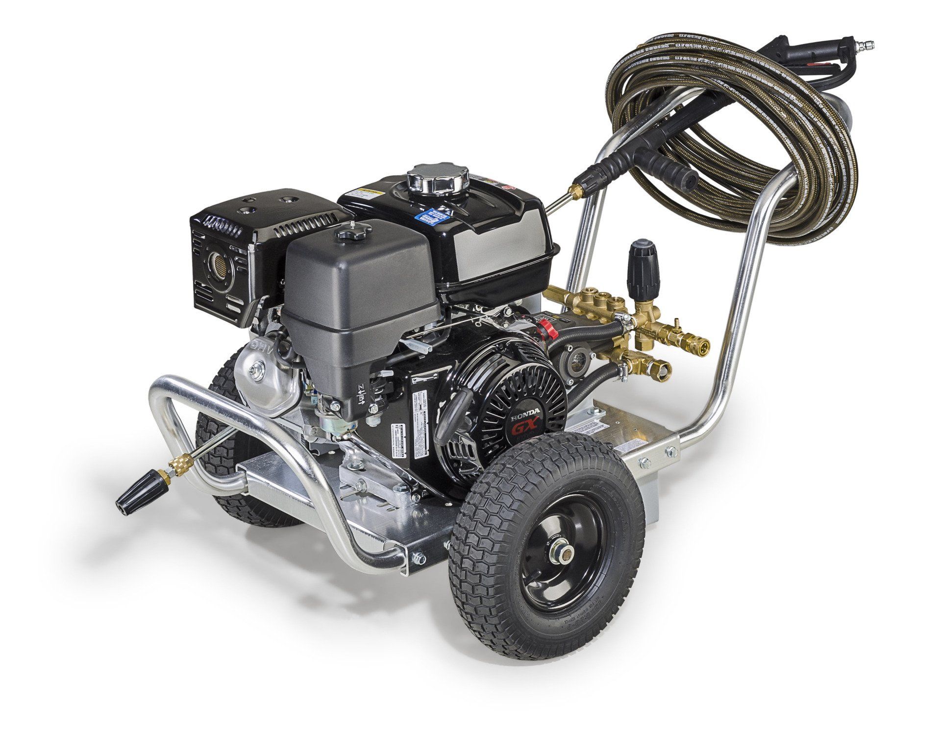 Gas-powered pressure washer with black engine, silver frame, and hose coiled on a handle.