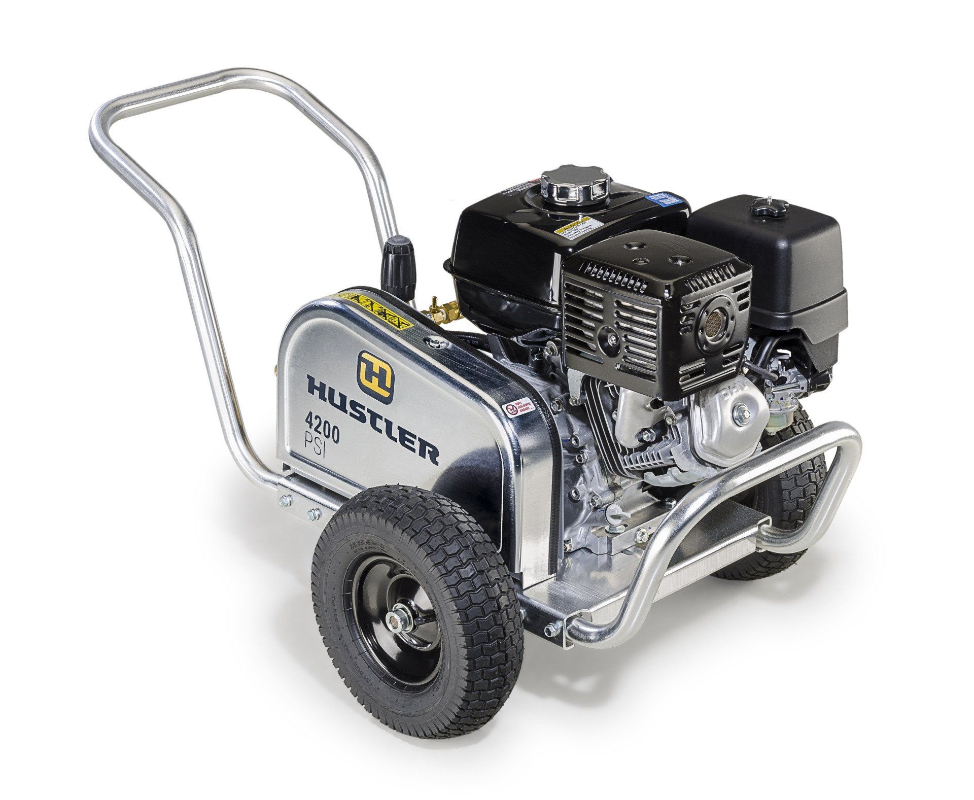 Hustler 4000 PSI pressure washer with gasoline engine, silver frame, black wheels, and handle.
