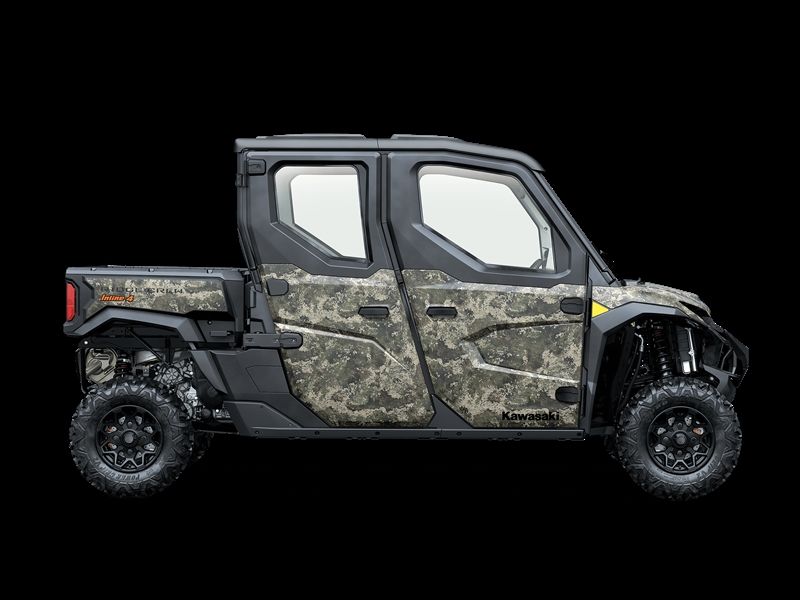 Camouflage Kawasaki utility vehicle with two rows of seats.