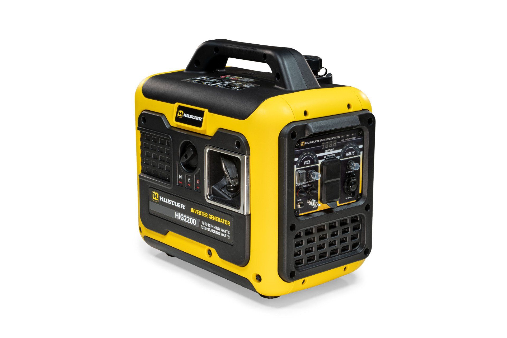 Yellow and black portable generator with a handle.