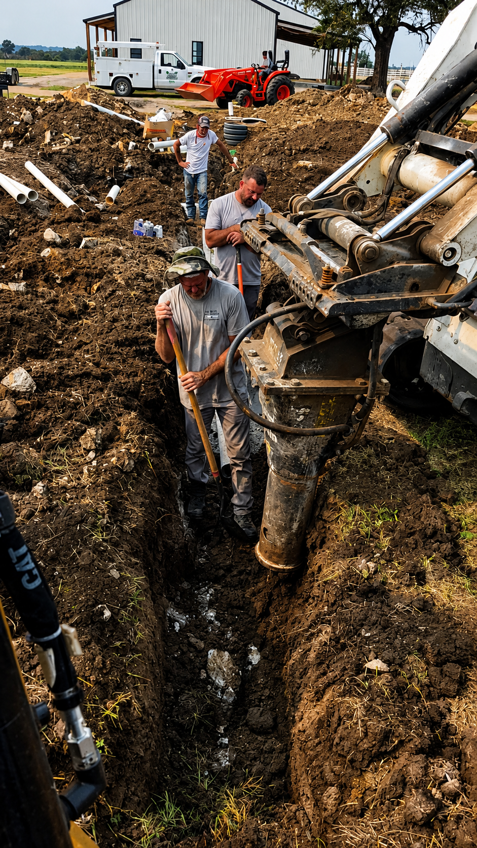 Workers guide a concrete pump hose into a trench at a muddy construction site.