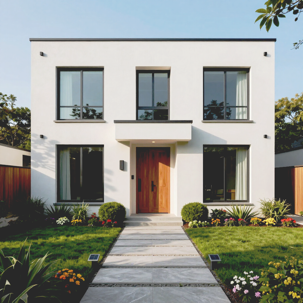 Modern two-story white house with large windows, wooden door, and a landscaped front yard