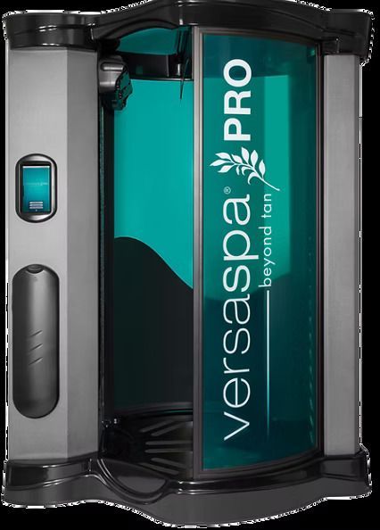 A VersaSpa PRO spray tanning booth, featuring a sleek, teal-accented vertical enclosure with a digital control interface.