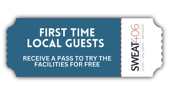 A teal ticket for SWEAT gym offering first-time local guests a free pass to try the facilities.