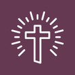 a white cross with rays around it on a purple background .