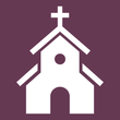 a white church with a cross on top of it on a purple background .