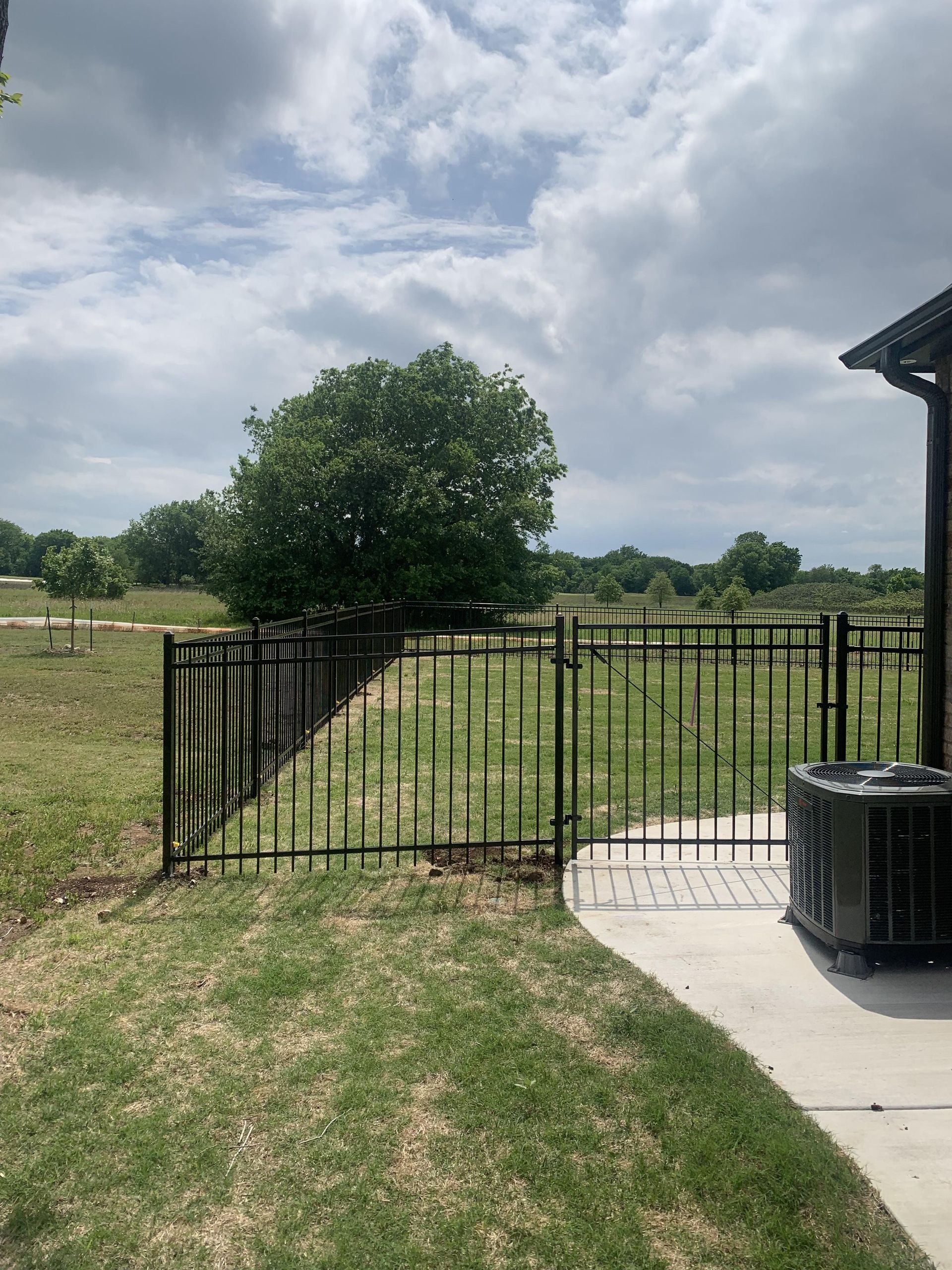A black fence surrounds a grassy field with a house in the background.