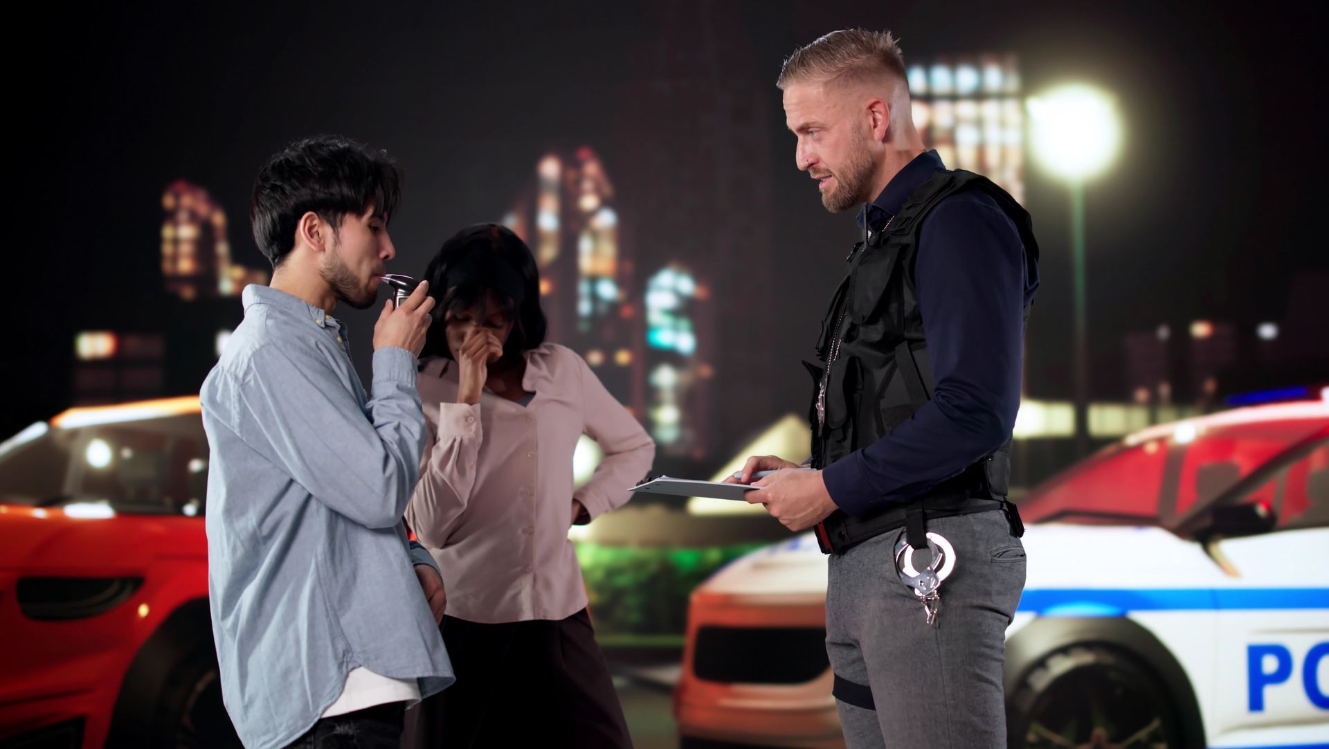 A driver taking a Breathalyzer test as a passenger watches with concern A driver taking a Breathalyzer test as a passenger watches with concern