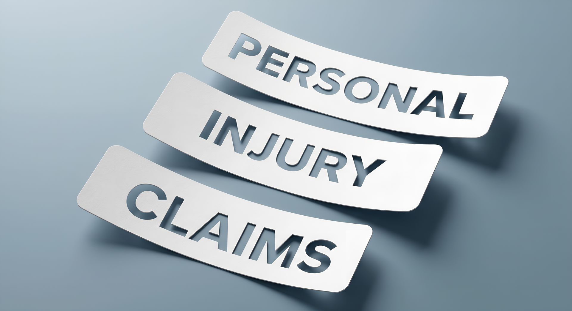 Personal injury claims text on white paper slips on a blue background.