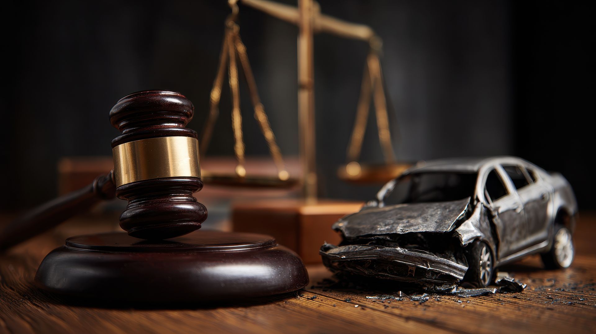 Wooden judge gavel with scales of justice and a crashed toy car representing accident litigation