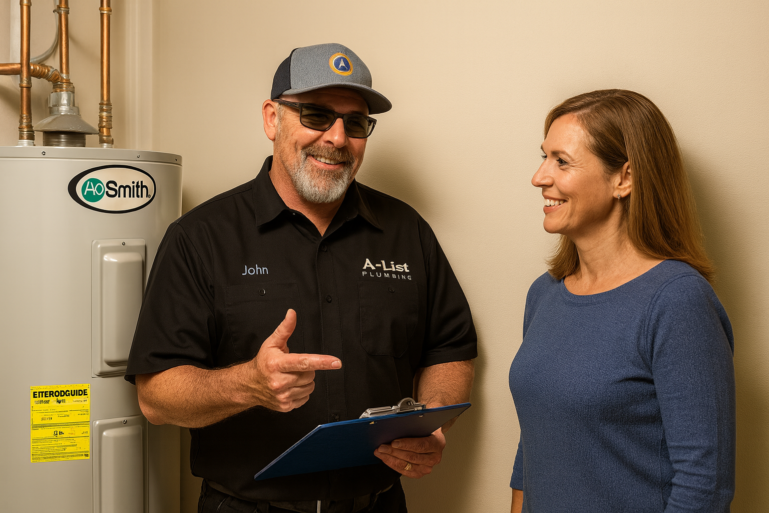 Plumbing tech with customer