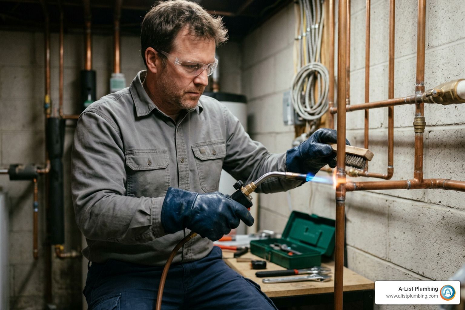 Plumber using a propane torch and wire brush on copper tubing
