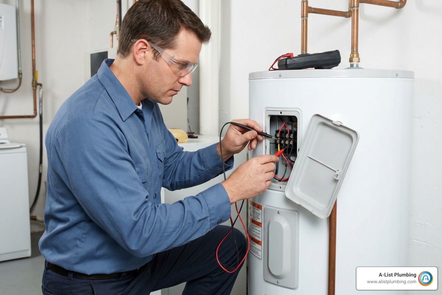 technician using a digital multimeter on water heater wiring
