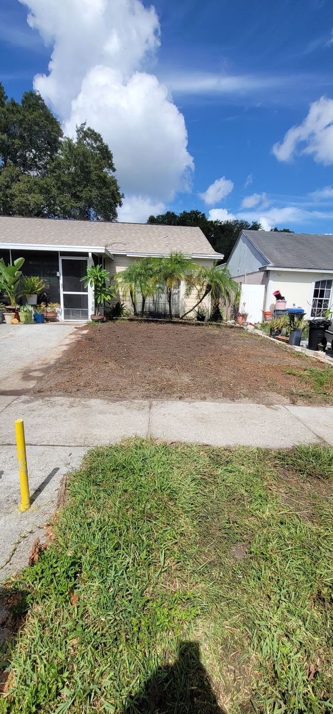 House with a brown mulch front yard and green grass next to the sidewalk under a blue sky with fluffy clouds.