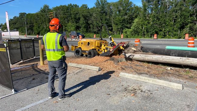 A worker in safety vest and helmet watches a stump grinder removing a tree stump near a road.