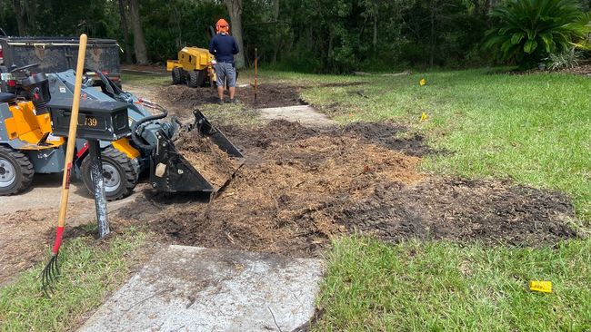 Two men using tree stump grinders on a lawn; wood chips pile up on a path.