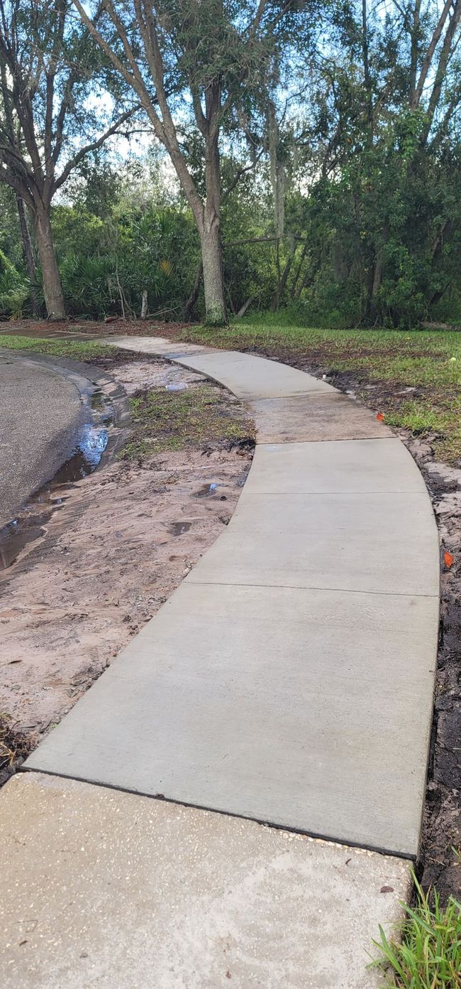 A curving concrete pathway through a grassy and wooded area.