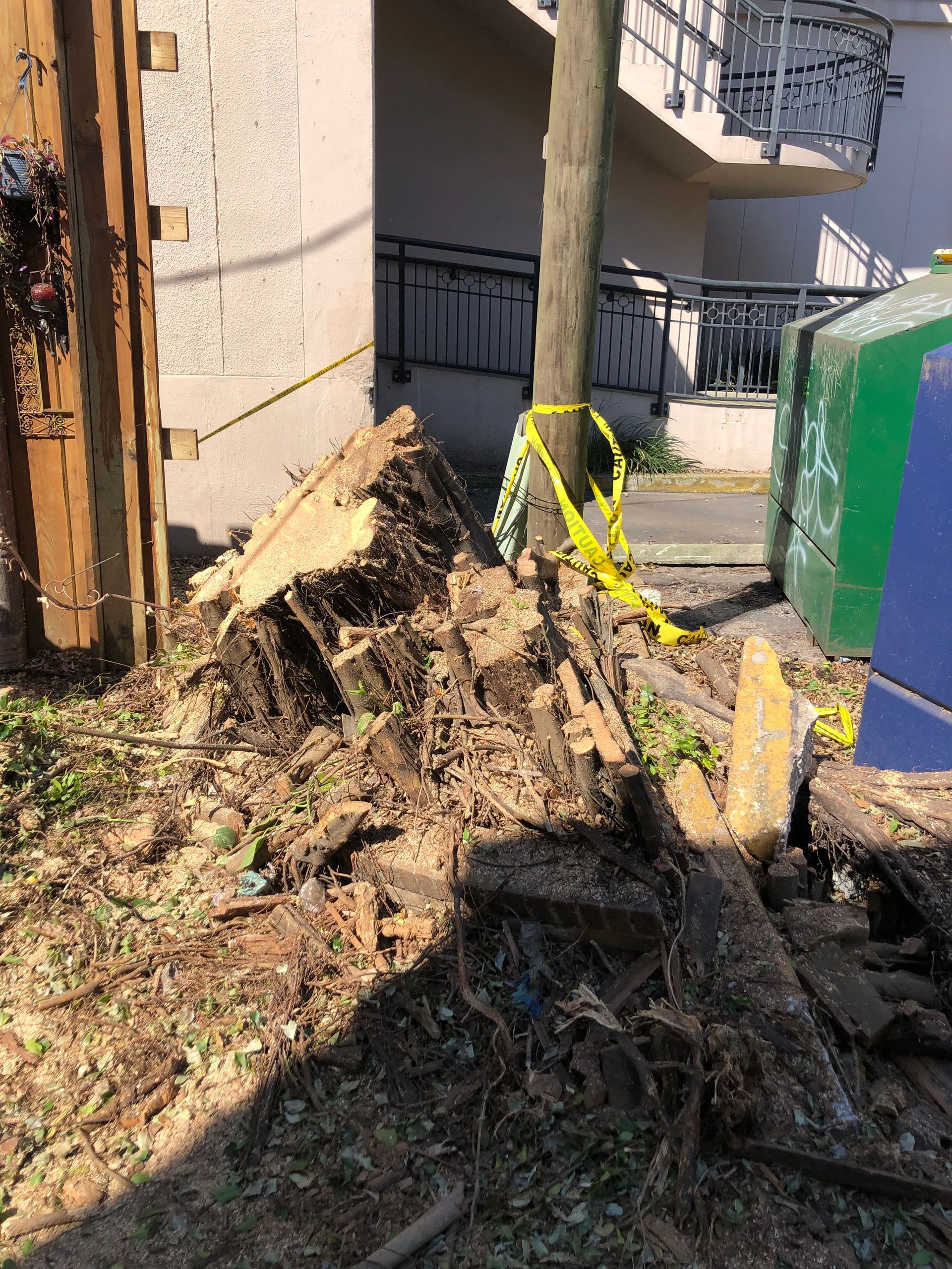 A pile of wood is sitting on the ground in front of a building.
