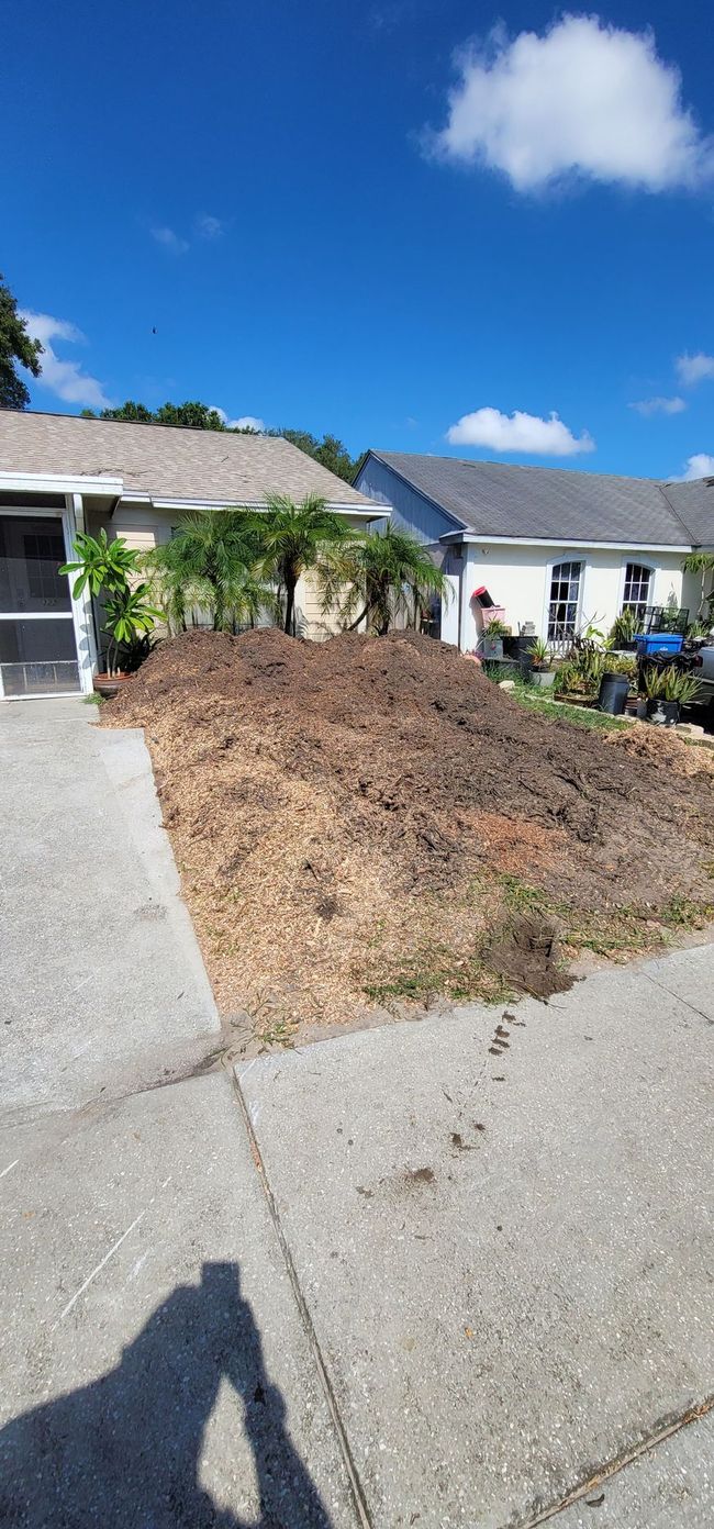 Houses with brown landscaping materials on a sunny day. A shadow appears in the foreground.