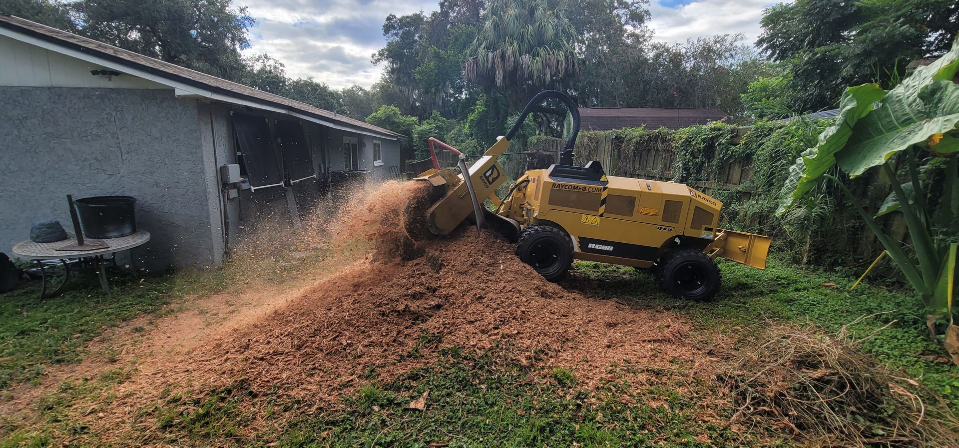 A yellow stump grinder is cutting a tree stump in a backyard.