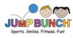 Jump Bunch logo with colorful text, a blue ball, and two smiling children above the tagline “Sports. Smiles. Fitness. Fun!”
