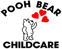 Pooh Bear Childcare logo with a white bear reaching toward two red hearts under black text
