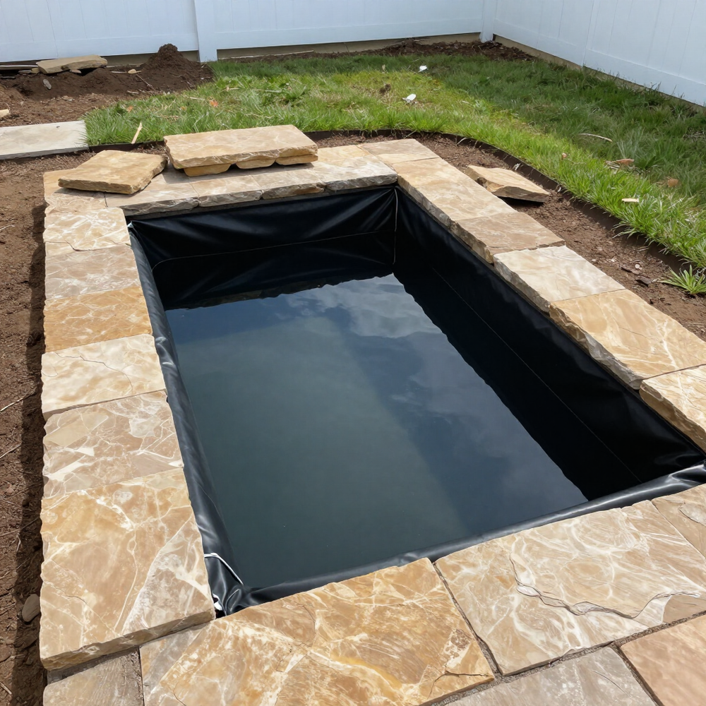 Rectangular backyard pool lined with black tarp, surrounded by tan stone pavers and grass