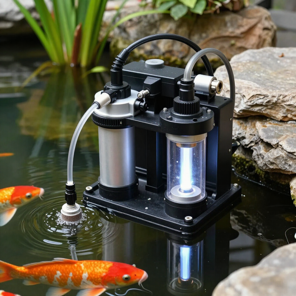Koi pond water filter with clear chamber and tubing beside orange koi fish and rocks