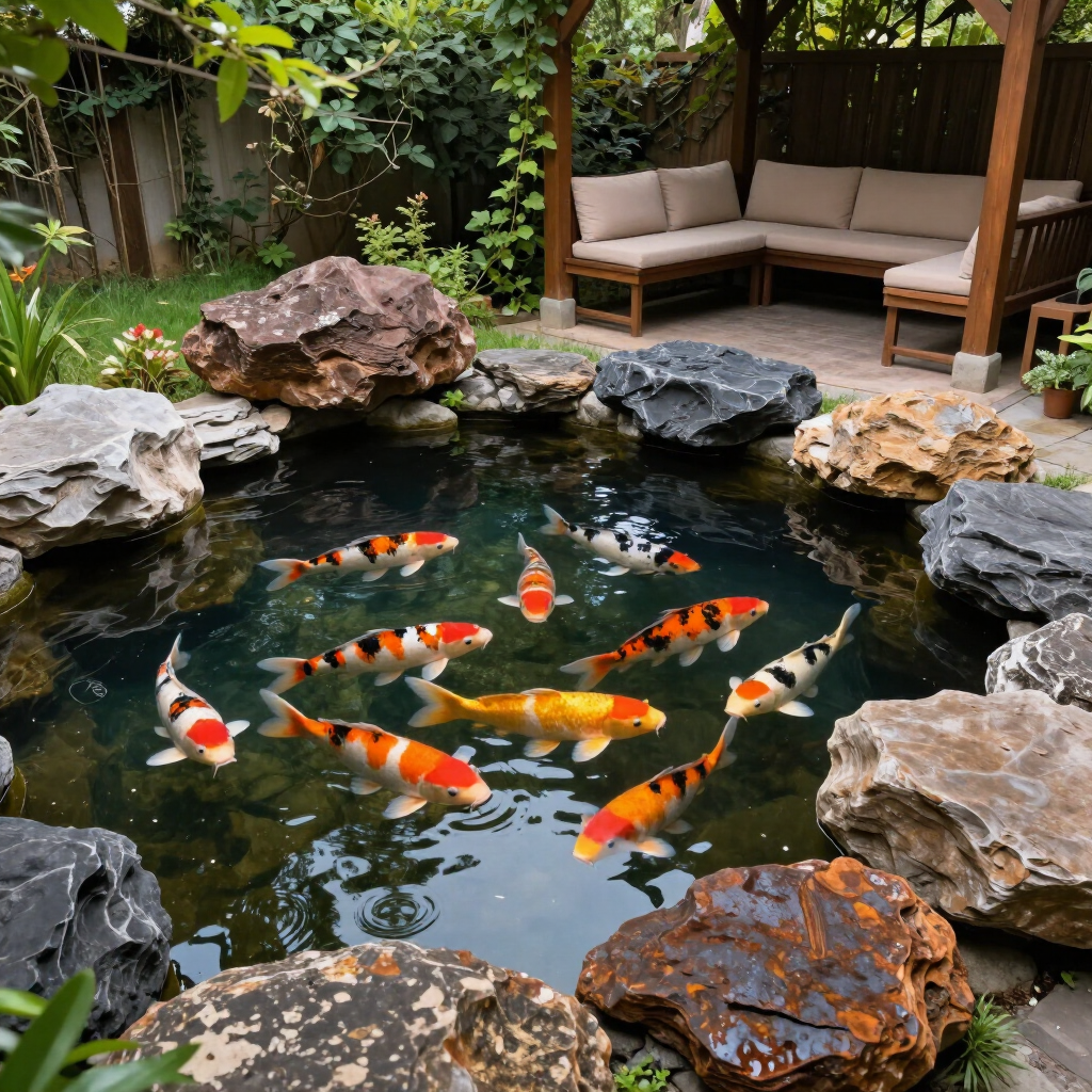 Koi fish swimming in a small garden pond surrounded by rocks and a patio seating area
