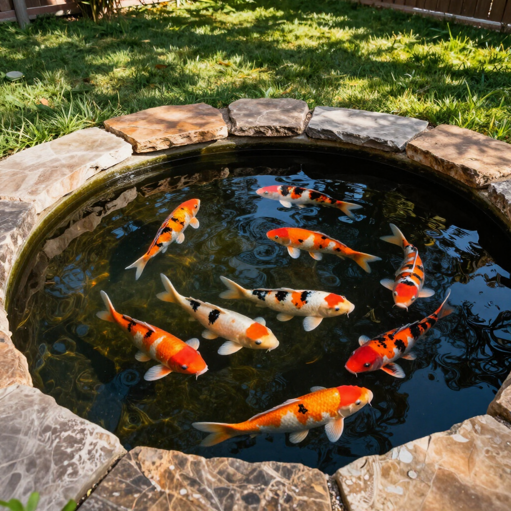 Koi fish swimming in a small stone-lined pond with reflections of trees and sky.