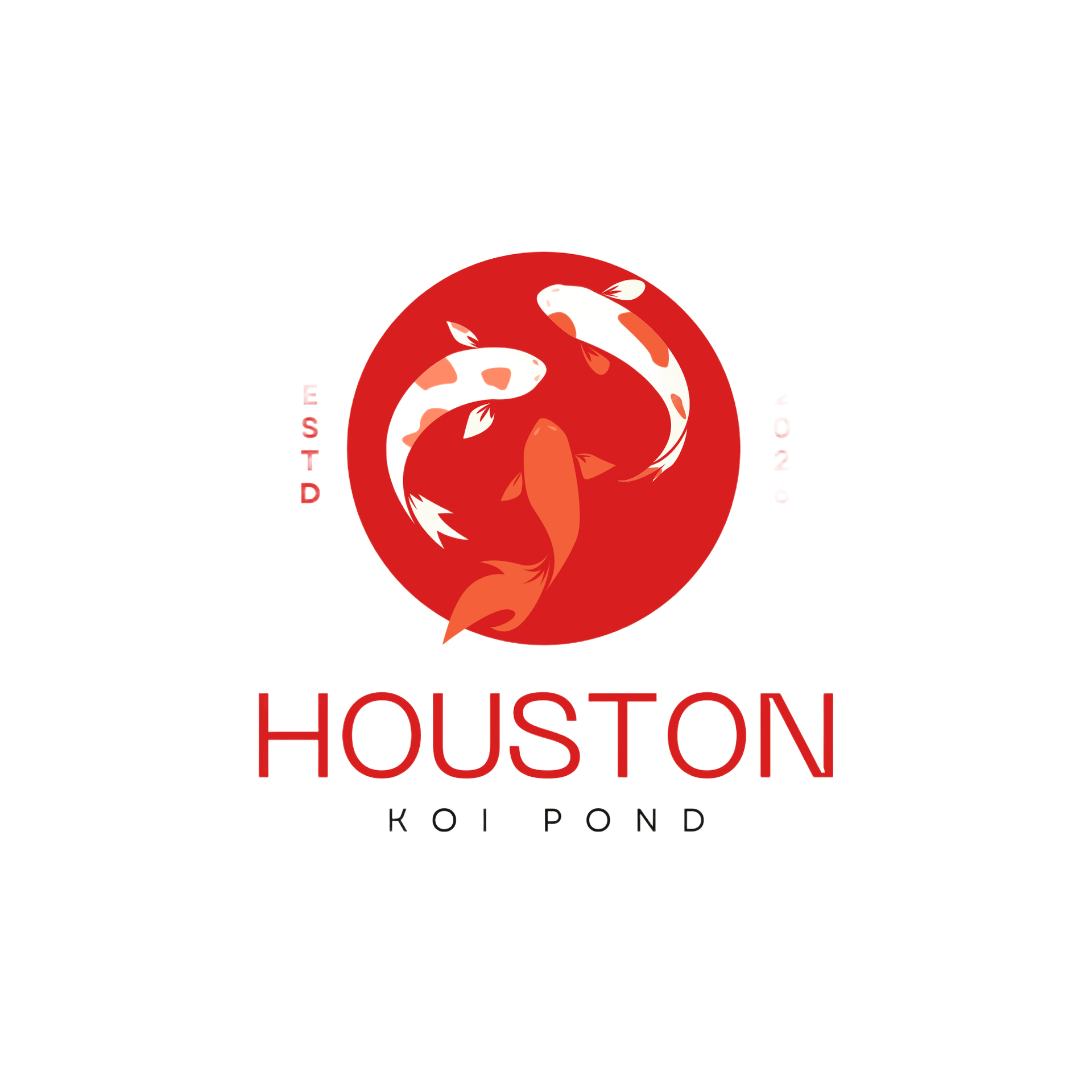 Houston Koi Ponds logo with red koi fish and circular emblem on a light background