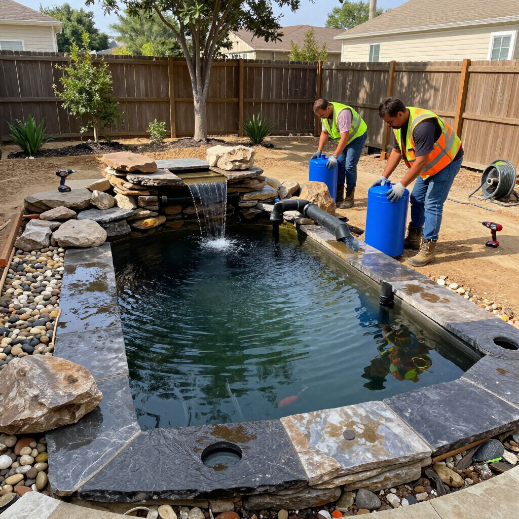 Workers installing a backyard pond waterfall beside a wooden fence and stone landscaping.