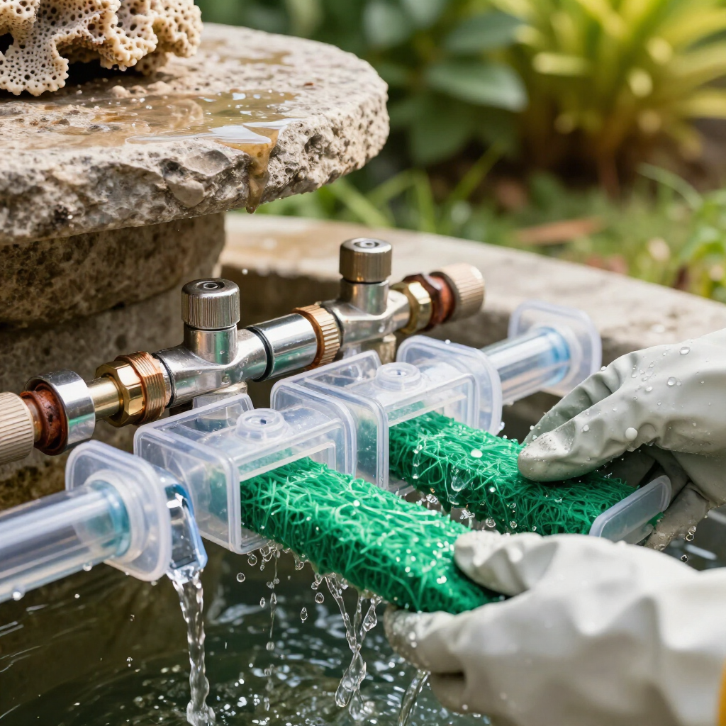 Gloved hands clean green filter cartridges under a stone fountain with flowing water