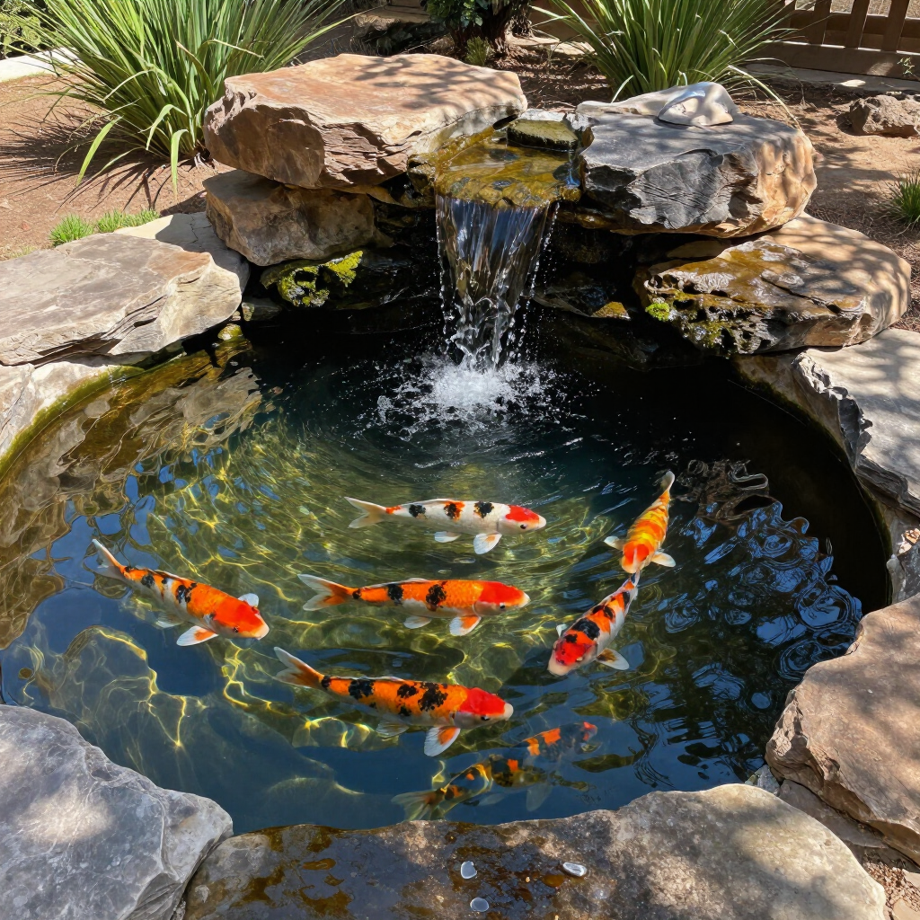 Koi fish swimming in a small pond with a rock waterfall and surrounding plants