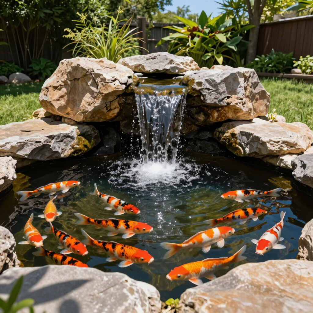 Koi fish swimming in a small garden pond beneath a rocky waterfall amid lush greenery