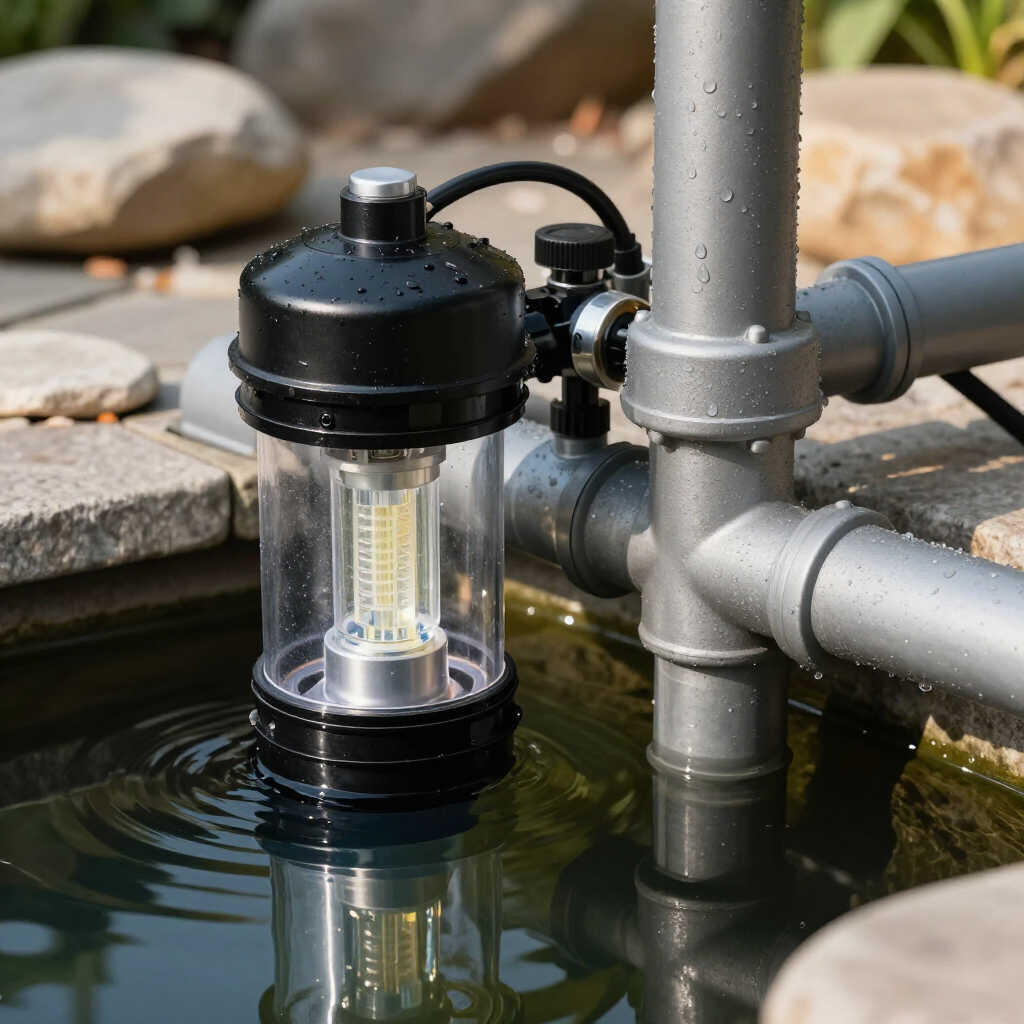 Black pond fountain filter beside gray pipes and rocks, with water flowing into the basin