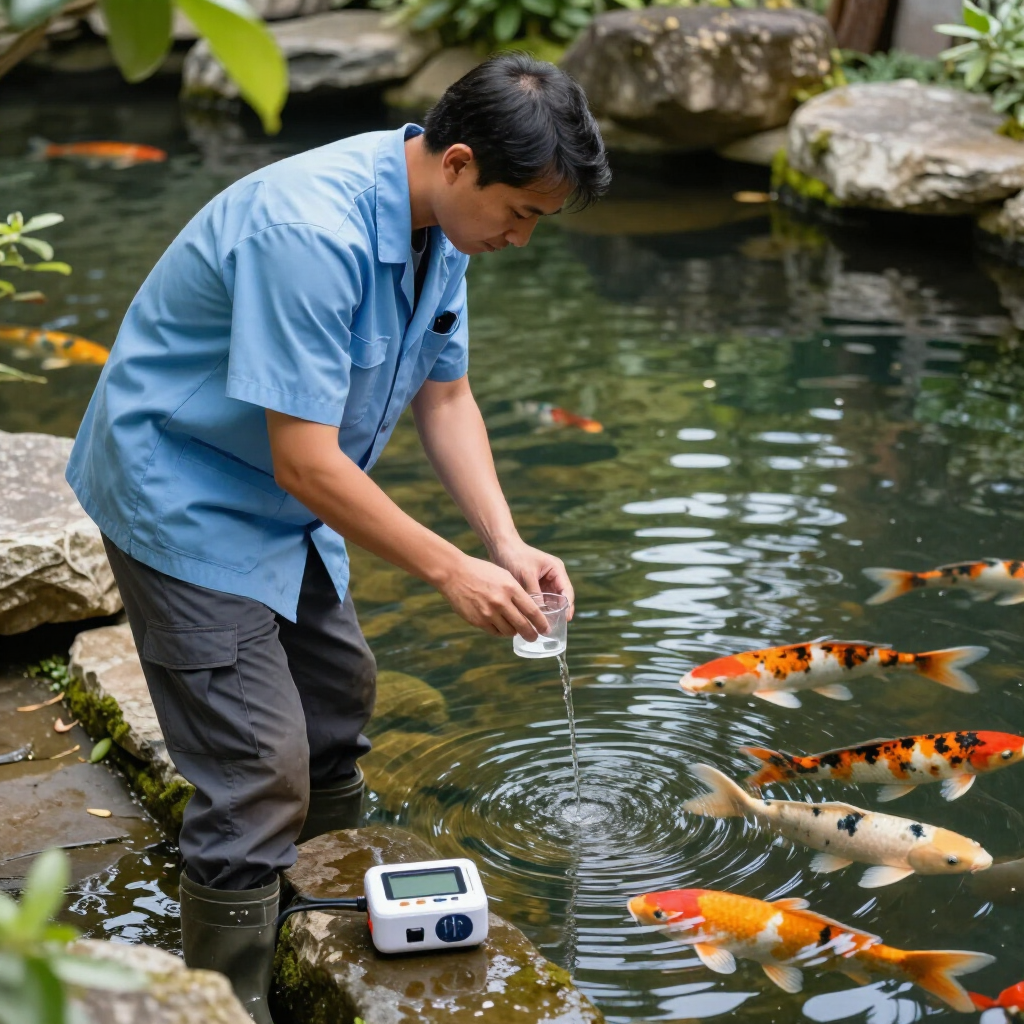 Man pouring water into a koi pond beside orange and white fish, with a small device on the rocks
